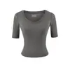 Camiseta de estilo americano picante para mujer, cuello redondo, manga media, estilo simple de verano, corte ajustado, expone la clavícula, cintura alta, top corto