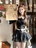 Ámbar Nocturno Alabanza: Nuevo Estilo de Principios de Otoño Conjunto de Dos Piezas para Mujer con Cuello de Perlas, Cárdigan Negro de Color Contrastante con Incrustaciones de Malla y Falda Midi Abullonada