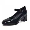 Zapatos de Salón Cuadrados de Charol para Mujer con Tacón Medio Grueso, Zapatos Mary Jane, Zapatos de Piel Bajos de Tacón Alto para Mujer