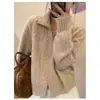 26 Abrigo Suéter de Punto Grueso Blanco Suave Estilo Perezoso con Cuello Alto y Cremallera para Mujer, Diseño Otoño e Invierno, Cárdigan Holgado