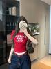 Camiseta Feminina de Verão com Estampa de Letras, Gola Redonda, Manga Curta, Design Slim Fit, Branca, Efeito Emagrecedor, Top Curto com Ombro Direito