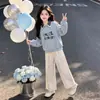 2026 Moda Casual Calça de Perna Larga Meninas Primavera e Outono Bloco de Cores Xadrez Gola Polo Mangas Longas Moletom Conjunto de Duas Peças