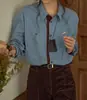 Camisa Vertical Rayada de Contraste Retro Francesa para Mujer, Top Cepillado de Manga Larga