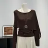 Suéter de punto de manga larga estilo coreano de dos piezas falsas para mujer, jersey de otoño, corte ajustado, elegante chal, top de dos piezas falsas