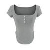 Camiseta Casual Dulce de Verano 2025, Manga Corta Ajustada, Dobladillo Curvo, Cuello en U Amplio, Tres Botones, Top Corto