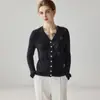 Suéter de tricô 100% caxemira pura, estilo francês, decote V em renda delicada, cardigã feminino de manga longa, efeito emagrecedor, cor sólida