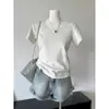 Hombro Amarillo Cuello en U Manga Corta Verano para Mujer Cintura Ceñida Adelgazante Top Base Interior Básico Todo Fósforo Camiseta Simple