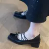 Zapatos Planos de Ballet de Piel de Cordero Suave con Punta Cuadrada Francesa para Mujer Tacón Alto Zapatos Pequeños de Cuero Lazo Boca Baja Retro Tacón Grueso Zapatos Mary Jane