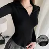 Top OEM gris personalizado de manga larga para mujer, otoño e invierno, forro polar, corte ajustado, con hombro normal y cuello de solapa, camiseta interior ajustada