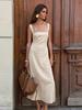 Vestido Elegante Caqui de Algodón y Lino con Tirantes Cruzado Europeo y Americano para Mujer 2025 Otoño Elegante Falda A de Ramio para Mujer