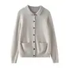 Cardigã de tricô de cashmere, gola polo, cor sólida, estilo coreano, de abotoar na frente, com bolsos, corte solto, efeito emagrecedor, peça de outer wear feminina