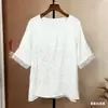 Nueva Camisa de Manga Media Bordada de Lino de Seda Embrionaria Blanca Teñida Anudada Solapa Cuello Redondo Holgada Adelgazante Elegante Versátil para Oficina