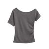 Top Sexy de Chica Caliente con Hombro Inclinado y Manga Corta 2025 Verano Nuevo Cintura Plisada de Cintura Alta Camiseta Asimétrica con Hombro Descubierto