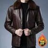 Jaqueta de couro Haining transfronteiriça para homens, novo estilo outono e inverno 2026, estilo pai, forrada com fleece, jaqueta espessa de pele de carneiro