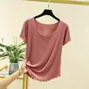 Camiseta de Manga Corta Suelta Sin Costuras de Color Sólido Modal con Volantes para Mujer, Capa Base de Primavera Verano, Talla Grande, Cuello Redondo