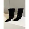 Primer Encuentro Ji Dong Qiu Estilo Nuevo Punta Cuadrada Hebilla Tacón Alto Botas de Media Caña Moda Femenina Temperamento Adelgazante Fruncidas Botines Botines