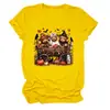 Camiseta feminina da Amazon Wish, transfronteiriça europeia e americana, de caimento solto, com estampas de bezerro de três cabeças, abóbora em carroça e folha de bordo, gola redonda, mangas curtas