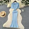 Vestido largo de punto calado transpirable coreano para mujer, de verano con manga corta, entallado en la cintura, corte A, estilo elegante y maduro para ir al trabajo