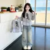 Novedades de moda de otoño estilo coreano para niñas: sudadera elegante estilo universitario de dos piezas falsas para niñas pequeñas, ropa infantil de moda