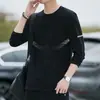 Camiseta de manga larga de otoño, capa base talla grande, cuello redondo para hombre, top simple y holgado, estilo coreano, camiseta estampada de moda