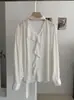 KEKEZOON Otoño Estilo Coreano Suave y Elegante Camisa de Manga Larga de Color Sólido con Cuello en V y Volantes con Diseño de Cinta 8739