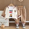 Traje de primavera para niño 2025, nuevo conjunto de tres piezas con cremallera y estampado de cabeza de oso de dibujos animados para bebé.