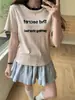 2026 Verano Nuevo Camiseta Casual para Mujer Bloques de Color Cuello Redondo Estampado de Letras Manga Corta Versátil Delgada Top de Estudiante Moderno