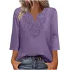 Top de Manga Tres Cuartos con Encaje, Color Sólido, Cuello en V, Estilo Camiseta, Empalmado, Corte Holgado, para Mujer, Europeo y Americano, Primavera/Verano 2026