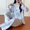 Familia Algodón Seda 2025 Pijama de Algodón Seda con Lazo de Encaje para Mujer, Conjunto de Ropa para el Hogar Primavera y Otoño, Se Puede Usar Afuera, Manga Larga Casual
