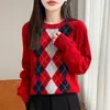 Suéter Pulóver de Lana 100% Pura para Mujer con Cuello Redondo y Diseño Jacquard de Patrón de Diamantes Vintage, Capa Base de Manga Larga