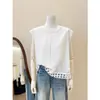 Top de moda branco com design jacquard e gola redonda, novo estilo verão 2026, estiloso, bonito, luxo leve, confortável, sem mangas, tecido escovado