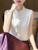 Camisa sin mangas con solapa y costuras de encaje para mujer, chaleco drapeado de satén fino, resistente a las arrugas, con base interior de moda para primavera y verano