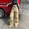 Novas calças de trabalho de algodão puro, jeans casuais de perna larga para mulheres, corte solto com bolsos aplicados, estilo de moda relaxado e único