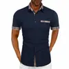 2024 Comercio Exterior Transfronterizo Verano para Hombre Camisa de Color Sólido Manga Corta Cuello Puños Color de Contraste Botón de Moda Camisa