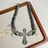 Spice Punk Pearl Wrap Diamante Cruz Pingente Colar Feminino Nicho Design Doce Legal Colar de Corrente