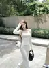 Foto real: Novo terno casual estilo coreano para o início do outono com jaqueta com capuz de manga longa, top de alcinha e calça comprida casual para mulheres 19533