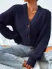Suéter de Manga Larga para Comercio Exterior Transfronterizo, Cárdigan de Punto de Color Sólido, Cuello en V de un Solo Botón para Otoño e Invierno, Ropa Exterior Versátil de Corte Holgado para Mujer