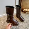 Botas de Cuero Estilo Western para Niñas 2026 Otoño Nuevo Hechas a Mano Retro Tacón Grueso Punta Redonda Hebilla Talla Mediana a Grande Botas de Caballero Martin para Niños