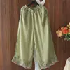 Pantalones Anchos de Pierna Ancha de Algodón y Lino de Cintura Alta Ajustados con Bordado de Estilo Étnico Casual de Temperamento Holgado de Tamaño Grande Transfronterizos del Sudeste Asiático
