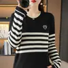 Novo suéter de algodão puro estilo coreano para outono e inverno, com listras em formato de coração e gola redonda, blusa básica de malha de algodão, solta e versátil, para mulheres