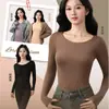 Top para Embellecer la Piel con Ácido Hialurónico para Mujer, Top de Manga Larga con Cuello Redondo, Capa Base con Almohadillas Fijas para Sujetador Incorporadas, Ropa Interior Ajustada, Top Delgado y Cálido