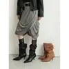 Botas de tacón de aguja de punta afilada plisadas y apiladas de moda para mujer, botas de moda plegables de media pantorrilla de pierna ancha