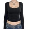 Amazon Transfronterizo Manga Larga Cuello Cuadrado Encaje Ajustado Corto Camiseta Interior Combinable Casual Color Sólido Top Ropa de Mujer