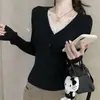 Suéter básico de renda com retalhos estilo coreano, estilo puro desejo, para mulheres, outono e inverno, gola V, canelado, top de malha de alta qualidade