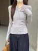 Suéter de Punto con Trenzas de Manga Larga Abotonado con Cuello en V Semiabierto para Mujer, Top de Punto Chic Ajustado para Otoño e Invierno que Realza la Figura