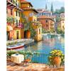 Pintura al óleo estilo europeo de un pueblo junto al lago, Pintura de diamantes con cobertura total de diamantes, Nueva escena callejera vintage para decoración de sala de estar, Fábrica de punto de cruz con diamantes