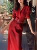 Conjunto Coreano de Principios de Otoño Anko La Red Vestido Suéter de Cuello en V con Cintura Hall para Mujer 2025 Nuevo X20