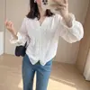 Camisa de renda gardenia branca estilo francês em liocel, camisa branca de renda linho Tencel elegante para o início do outono, top versátil