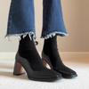 Botines Retro de Retazos Marrones Elásticos Ajustados Estilo Francés para Mujer, Punta Cuadrada con Cremallera Trasera de Tacón Alto, Botines Tipo Calcetín para Personas Petitas