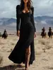 Vestido Amazon Transfronteiriço Novo Estilo Retrô Estilo Ocidental Botões Plissado Manga Longa Sexy Longo com Elegante Estilo para o Trabalho